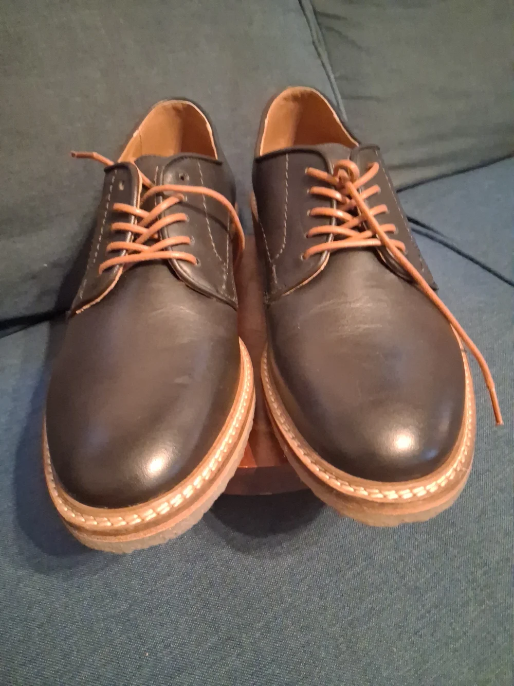 Frye Black Leather Derby Shoes with Tan Laces